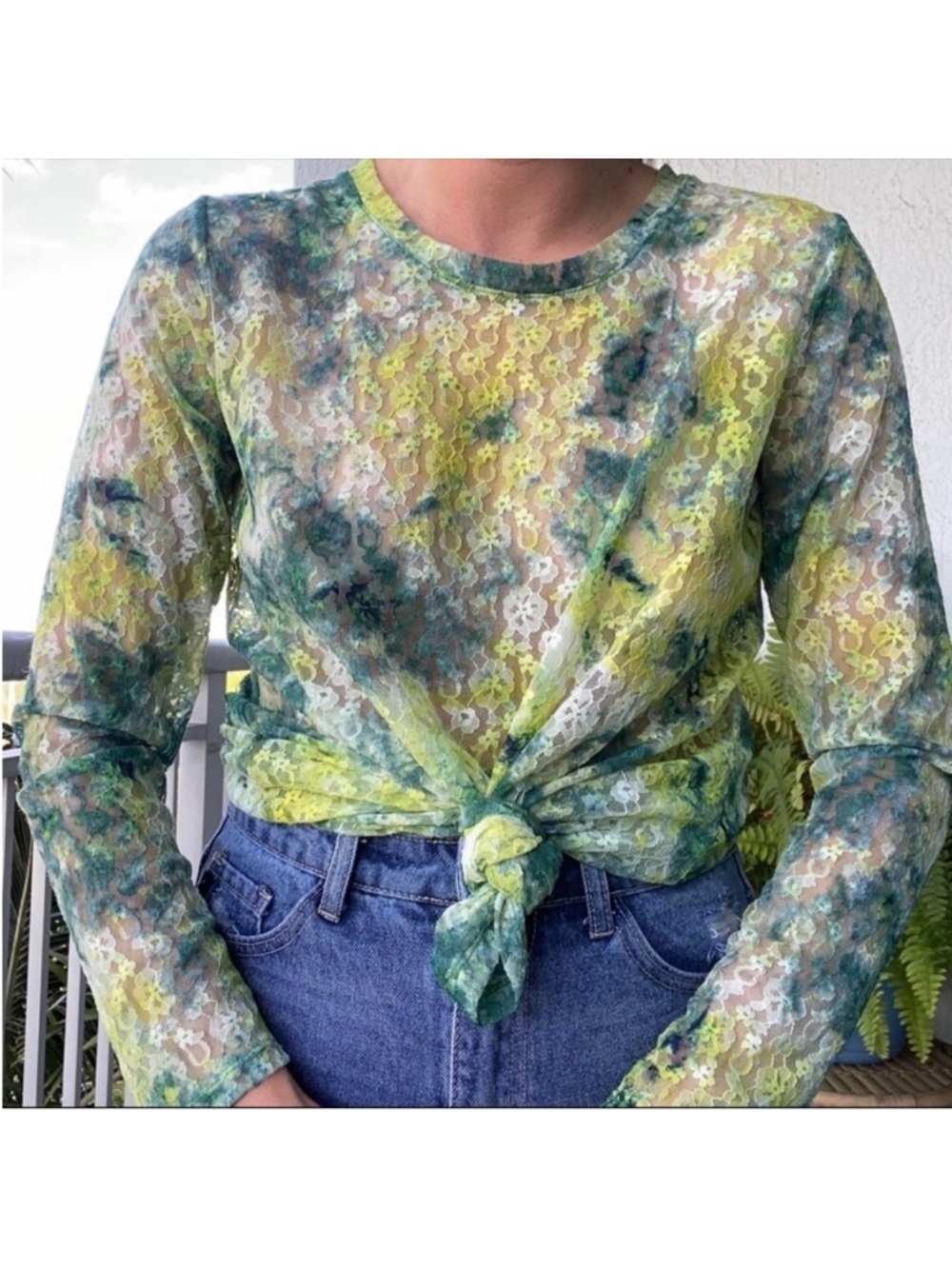 LOGO Green Sheer Lace Tie Dye Long Sleeve Top M